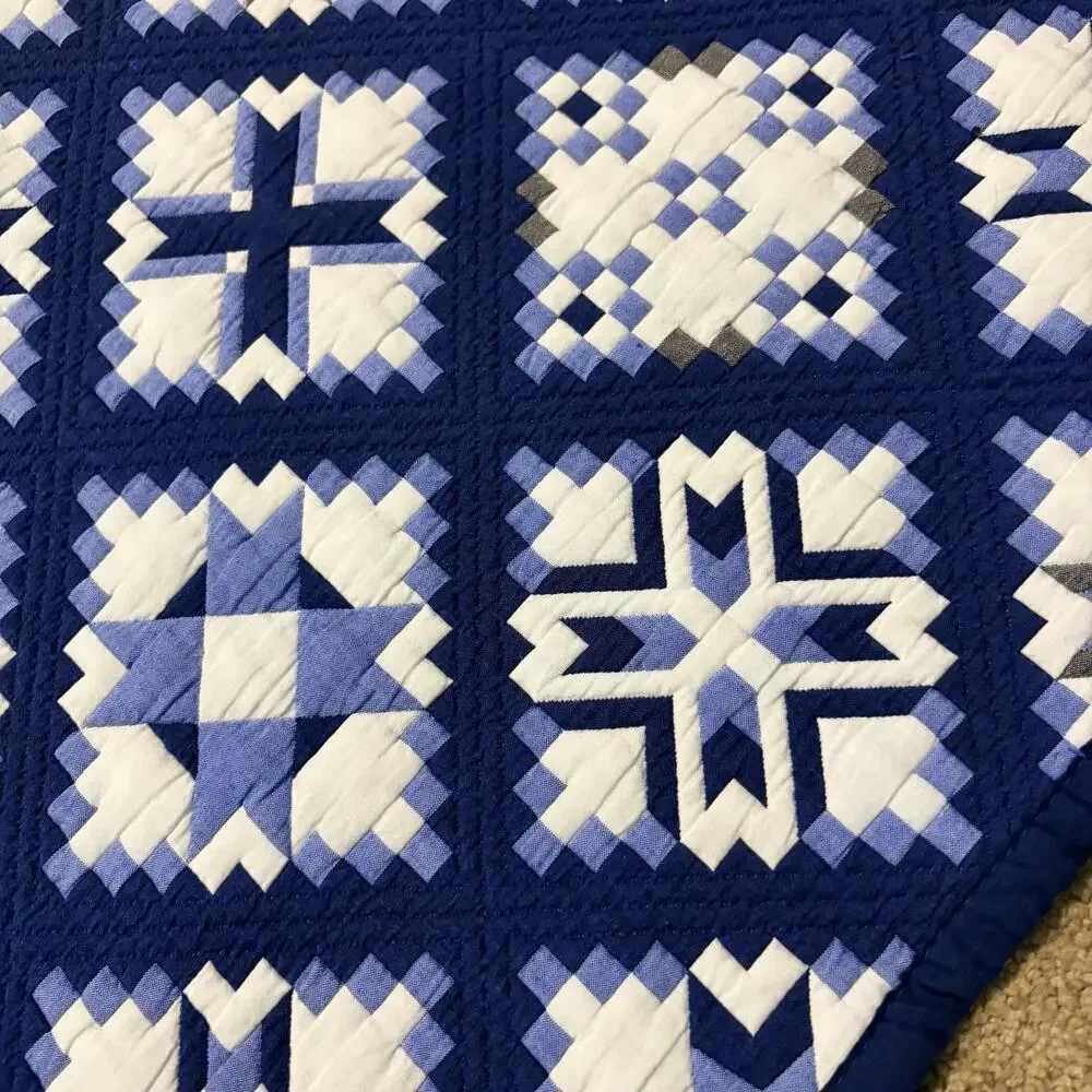 Blue White Geometric Medallion Reversible Quilt Set 2 Shams Full Queen 84x86